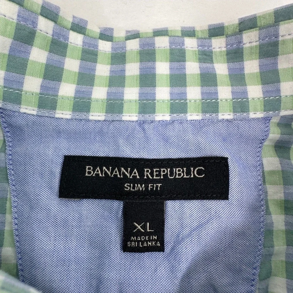Banana Republic Mens XL Slim Fit Gingham Button Down Shirt‎ Green White Cotton